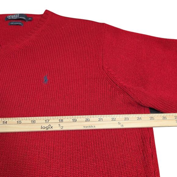 Vintage Polo By Ralph‎ Lauren Sweater Mens XL Red Lambs Wool V Neck Grandpa - Picture 15 of 16